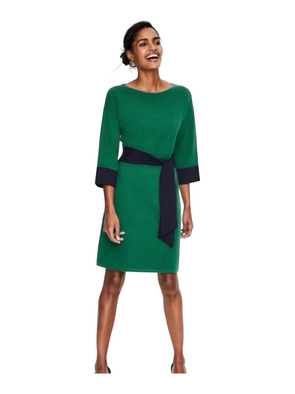 Boden Esmeralda Green & Navy Blue Tie Waist wool blend Sweater Knit Dress US 10